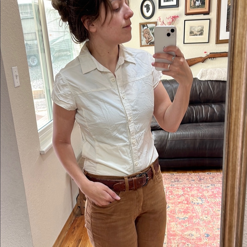 Vintage REI White Short Sleeve Blouse and Brown Pants